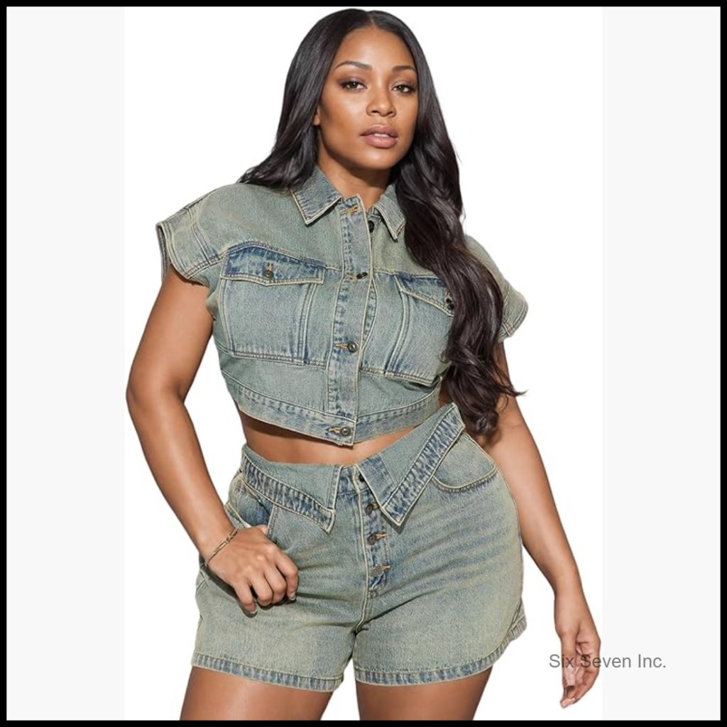 Denim Shorts Set With Sleeveless Crop Top, 2 Piece Outfit